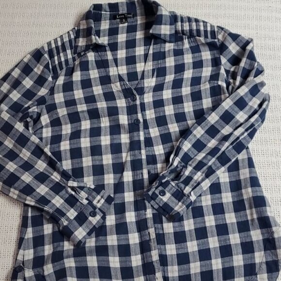 Love Tree Sz. S Blue Plaid Button Down Vneck Collared Tunic - Picture 1 of 9
